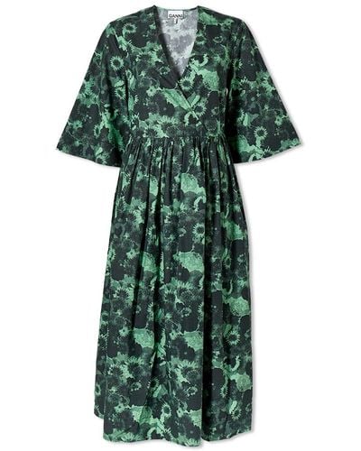 Ganni Printed Floral Midi Wrap Dress - Green