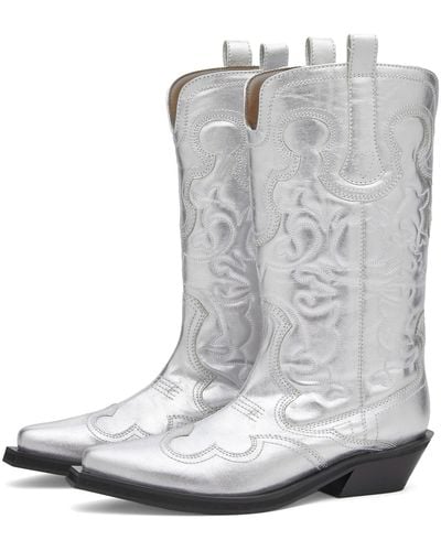Ganni Embroidered Western Boot - Gray