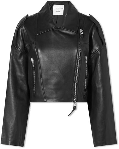 Agolde Remi Crop Leather Biker Jacket - Black