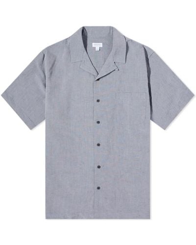 Sunspel Cotton Linen Short Sleeve Shirt - Blue