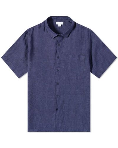 Sunspel Linen Short Sleeve Shirt - Blue