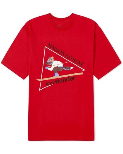 and wander X Maison Kitsuné Skiing Fox T-Shirt - Red