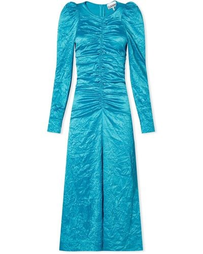 Ganni Satin O-Neck Midi Dress - Blue