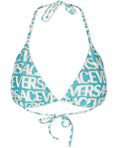Versace All Over Logo Triangle Bikini Top - Blue