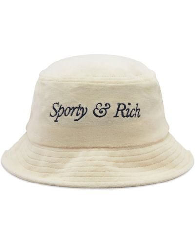 Sporty & Rich Italic Logo Velour Bucket Hat - Natural