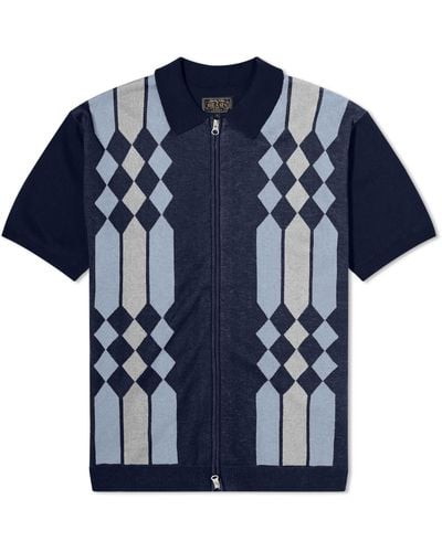 Beams Plus Zip Stripe Knit Polo Shirt - Blue