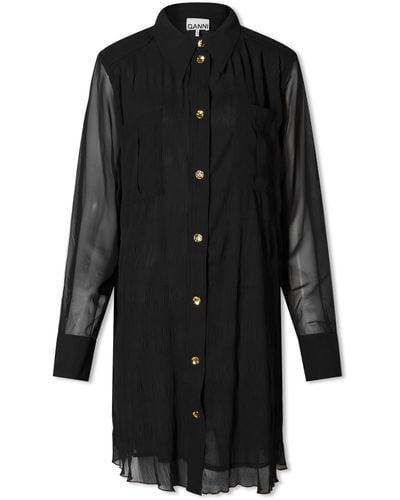 Ganni Pleated Georgette Shirt Dress - Black