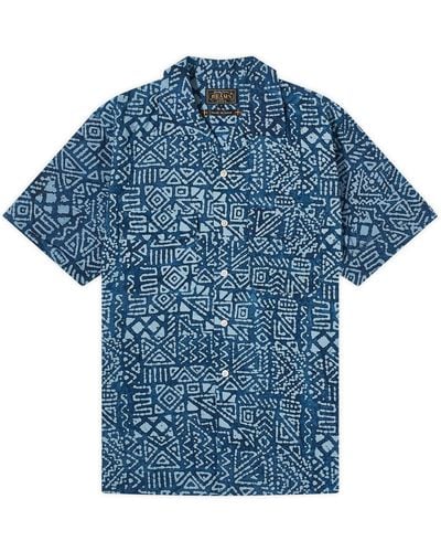 Beams Plus Open Collar Batik Print Shirt - Blue
