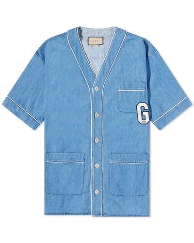 Gucci Washed Denim Logo Bowling Shirt - Blue