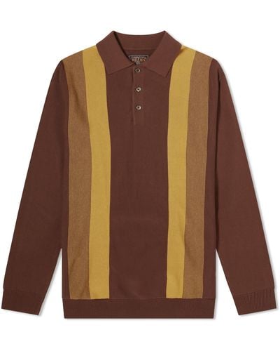 Beams Plus 12G Stripe Knit Long Sleeve Polo Shirt - Brown