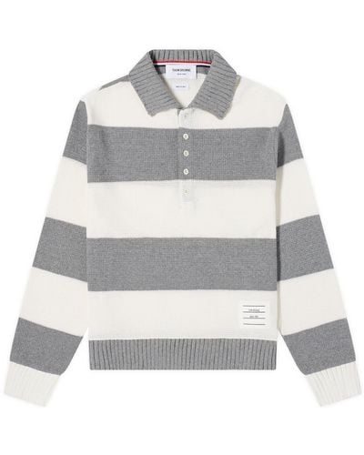 Thom Browne Rugby Stripe Knitted Polo Shirt - Grey