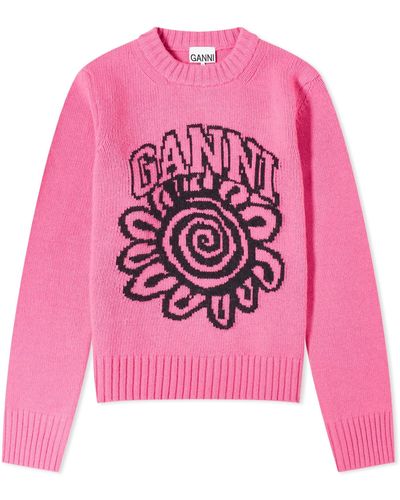 Ganni Graphic O-Neck Pullover Flower - Pink