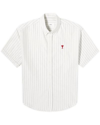 Ami Paris Boxy Fit Heart Short Sleeve Stripe Shirt - White