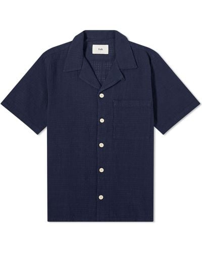 Folk Short Sleeve Soft Collar Shirt - Blue