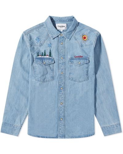 Corridor NYC Western Mountain Embroidered Shirt - Blue