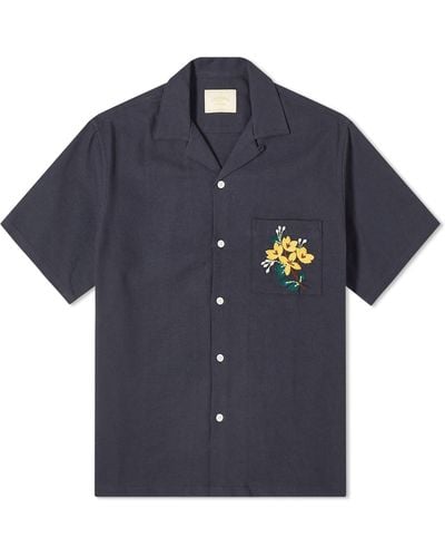 Portuguese Flannel Pique Embroidered Flowers Vacation Shirt - Blue