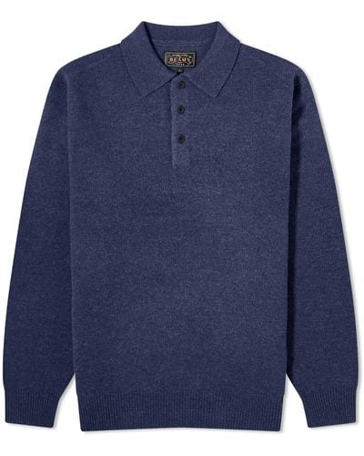 Beams Plus Long Sleeve Knit Polo Shirt - Blue