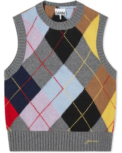 Ganni Harlequin Wool Mix Knit Vest Frost - Multicolour