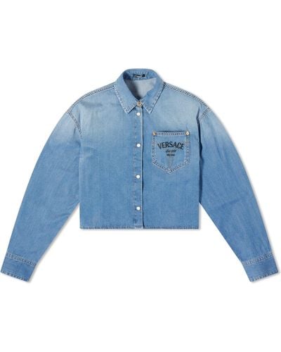 Versace Cropped Denim Shirt With Logo - Blue