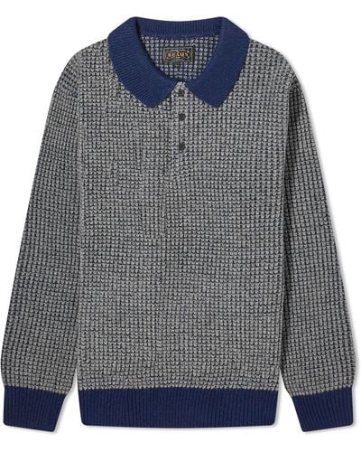 Beams Plus Crochet Long Sleeve Polo Shirt - Gray