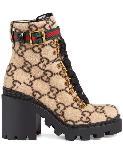 Gucci Lace Up Ankle Boots Trip Bootie Felt Logo Beige-combo - Multicolor