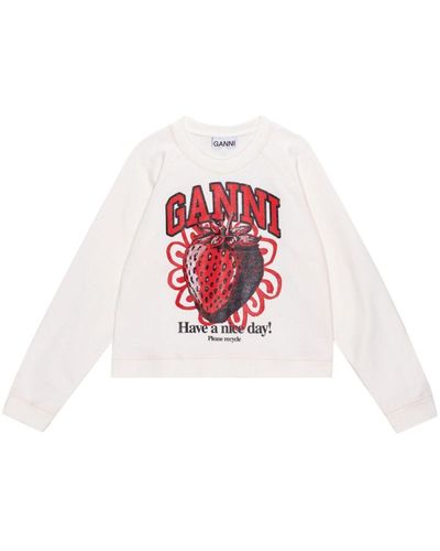 Ganni Strawberry-Print Organic Cotton Sweatshirt - White