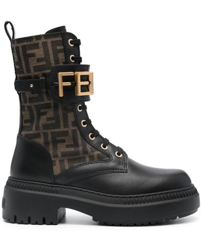 Fendi Graphy Logo-Plaque Leather Boots - Black