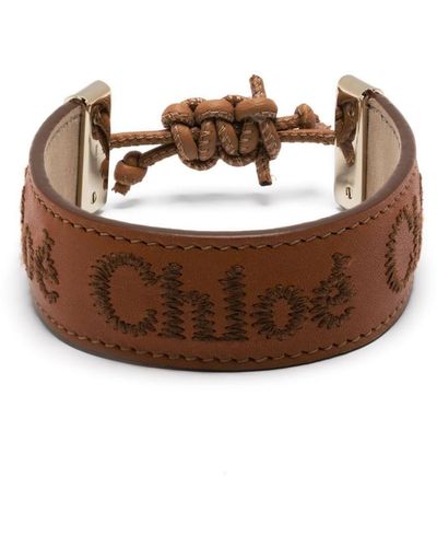 Chloé Embroidered-Logo Leather Bracelet - Brown