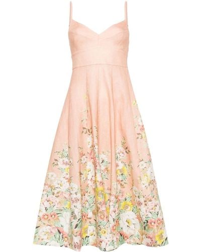 Zimmermann Floral-Print A-Line Linen Dress - Pink