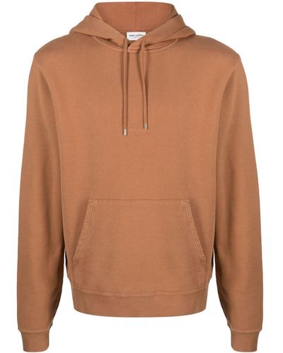 Saint Laurent Logo-Embroidered Cotton Hoodie - Brown