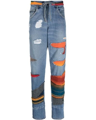 Greg Lauren Patchwork Mid-Rise Tapered Jeans - Blue