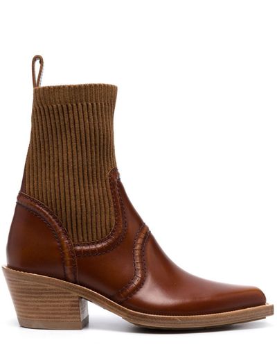 Chloé Elasticated-Panelling Leather Pointed Boots - Brown