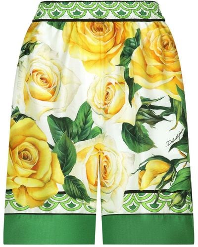 Dolce & Gabbana Rose-Print Silk Shorts - Yellow