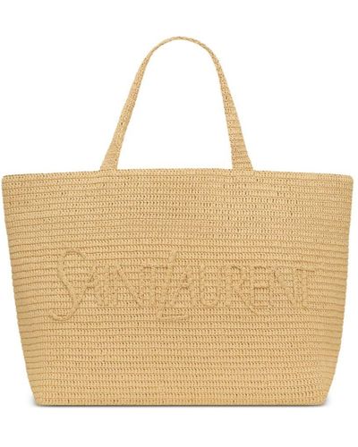 Saint Laurent Logo-Embroidered Raffia Tote Bag - Natural