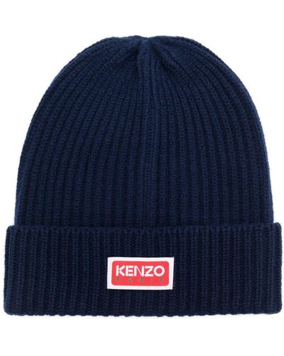 KENZO Logo-Patch Knitted Beanie - Blue