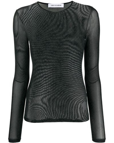 Trussardi Patterned-Jacquard Semi-Sheer T-Shirt - Black