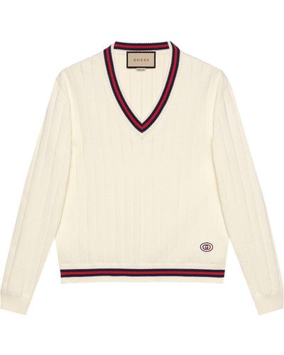 Gucci Web-Stripe V-Neck Knitted Jumper - Natural