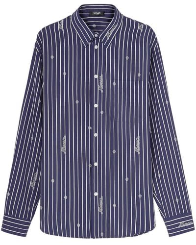 Versace Logo-Embroidered Striped Shirt - Blue