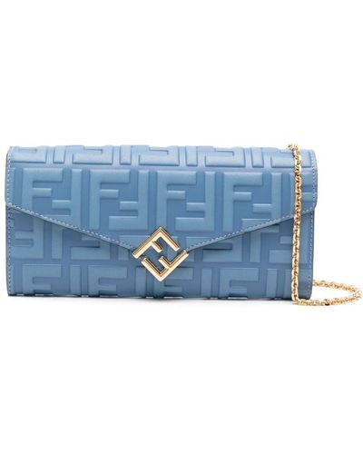 Fendi Continental Debossed-Logo Leather Wallet-On-Chain - Blue