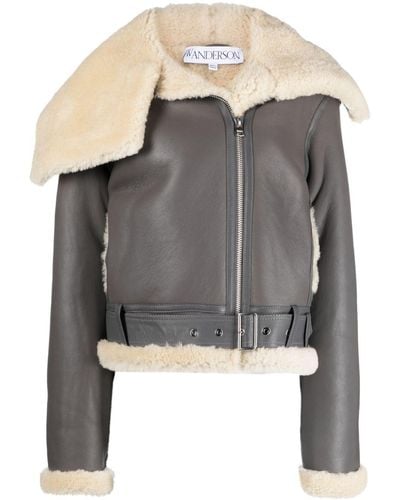 JW Anderson Jacke Fleece-Collar Leather Coat - Grey