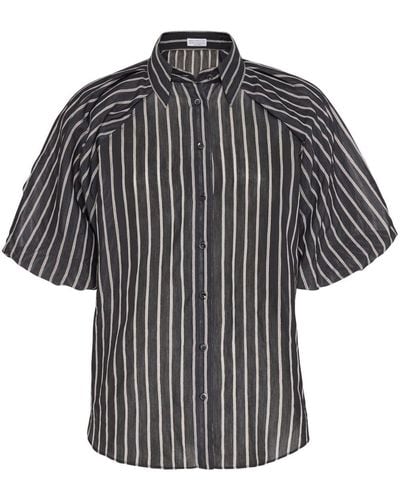 Brunello Cucinelli Striped Puff-Sleeve Blouse - Black