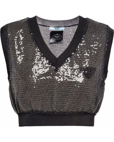 Prada Sequin-Embellished Tulle Crop Top - Gray