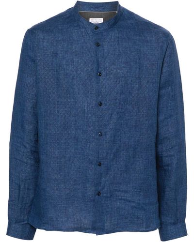 Brunello Cucinelli Patterned-Jacquard Linen Shirt - Blue