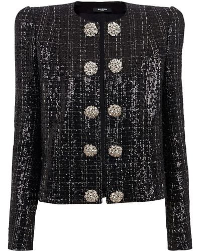 Balmain Sequin-Embellished Tweed Jacket - Black