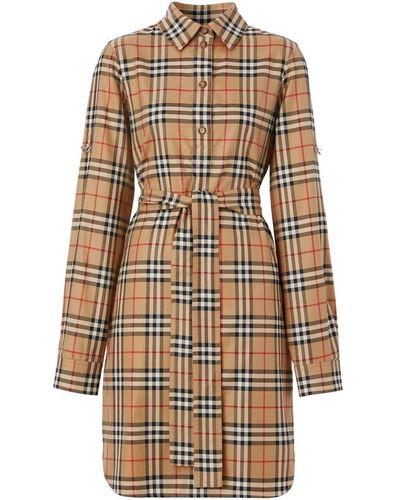 Burberry Vintage Check Cotton Tie-Waist Shirt Dress - Natural