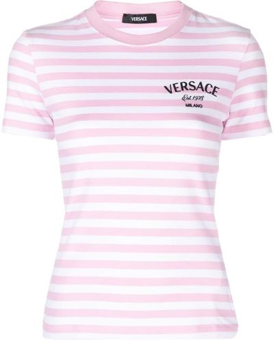 Versace Logo-Embroidered Striped T-Shirt - Pink