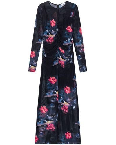 Ganni Floral-Print Ruched Maxi Dress - Blue