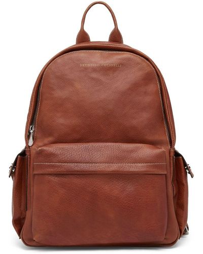 Brunello Cucinelli Logo-Stamp Leather Backpack - Brown