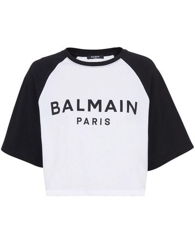 Balmain Logo-print Cropped Cotton T-shirt - Blue