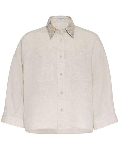 Brunello Cucinelli Embroidered Short-Sleeve Shirt - Natural